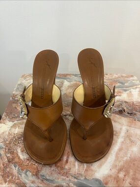 Giuseppe Zanotti Brown Leather Jeweled Thong Heels